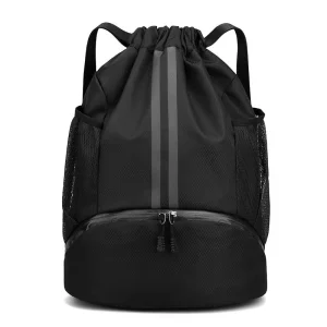 Women Men’s Waterproof Drawstring Gym Backpack Zipper Closure Soccer Basketball Shoes Compartment Letter Beach Cinch for Sports
