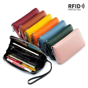 Women’s Men’s Slim Portable Genuine Leather Zipper RFID First Layer Soft Wallet Phone Bag with Polyester Lining