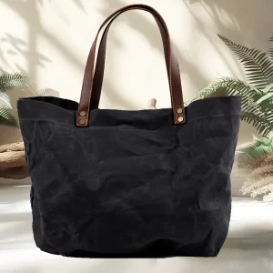Women’s Simple Handbag Retro Water-Resistant Waxed Canvas Shoulder Bag Two Large-Capacity Pleated Tote for Men Casual Style