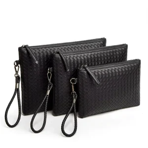 Woven Leather Clutch Bag Men’s Wallet Soft Handbag Large Capacity Business Underarm Bag for Men