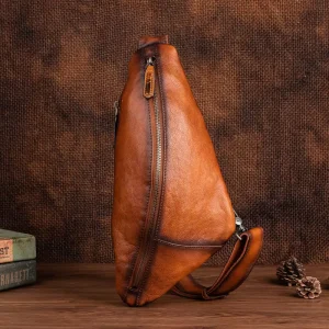 Zipper Closure Genuine Leather Summer Personalized Shape Top Grain Cowhide Tree Cream Casual Men’s Chest Bags