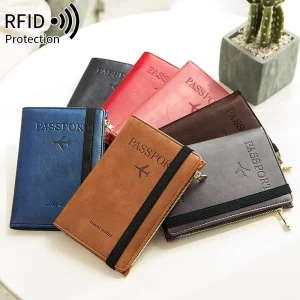Zipper Elastic Band RFID Blocking Leather Passport Card Wallet Bag with Coins